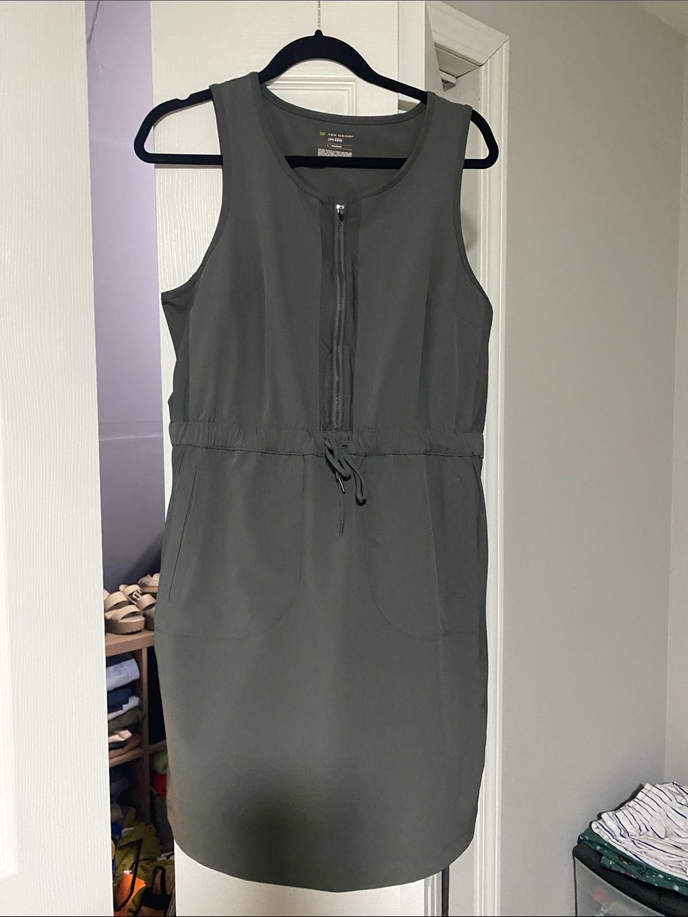 tek gear Olive Green Sleeveless Zip-Front Drawstring Dress
